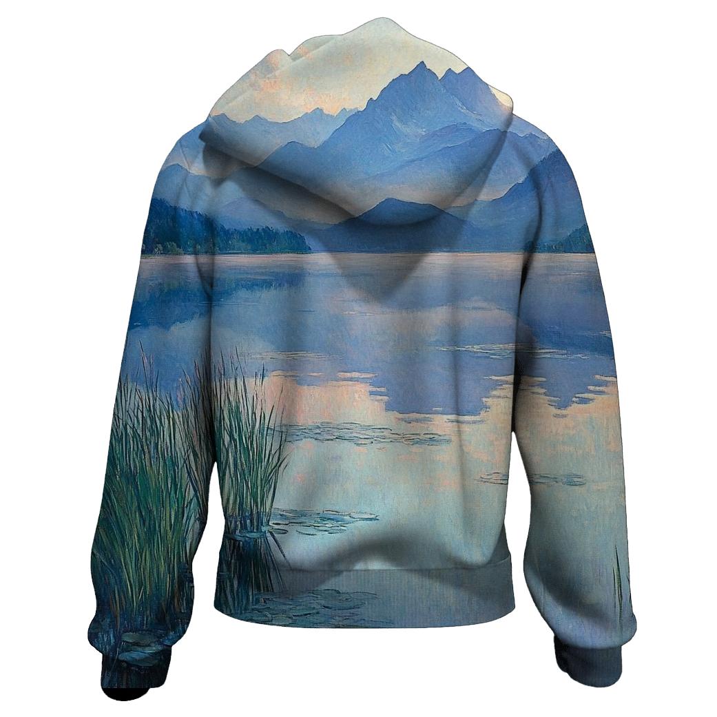 Claude Monet Inspired Mountain Lake At Dawn printed hoodies