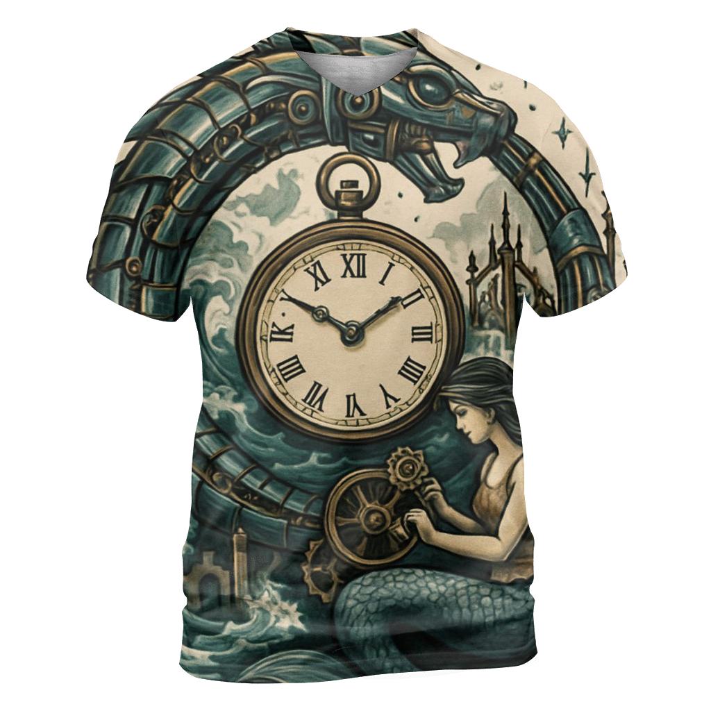 Clockwork Ouroboros Siren vibrant all-over design tees
