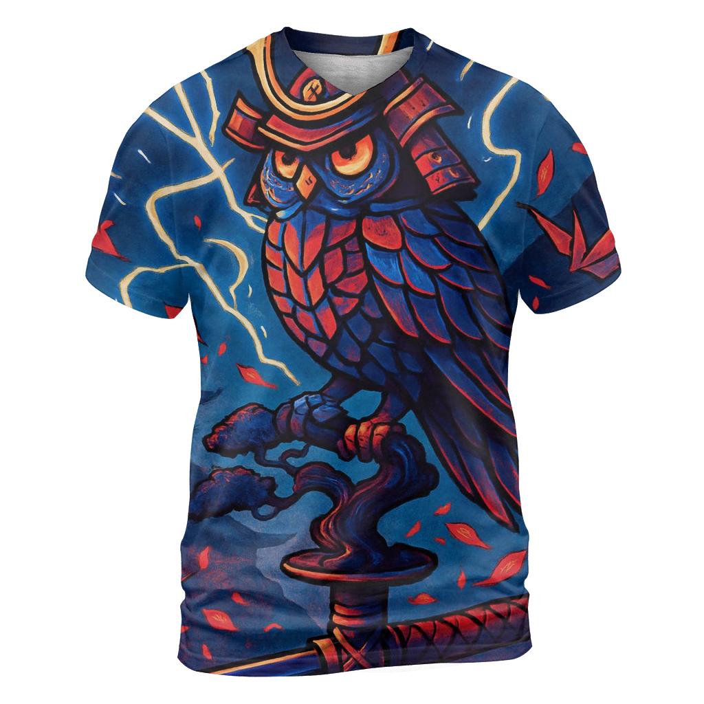 Chromatic Samurai Owl vibrant all-over design tees