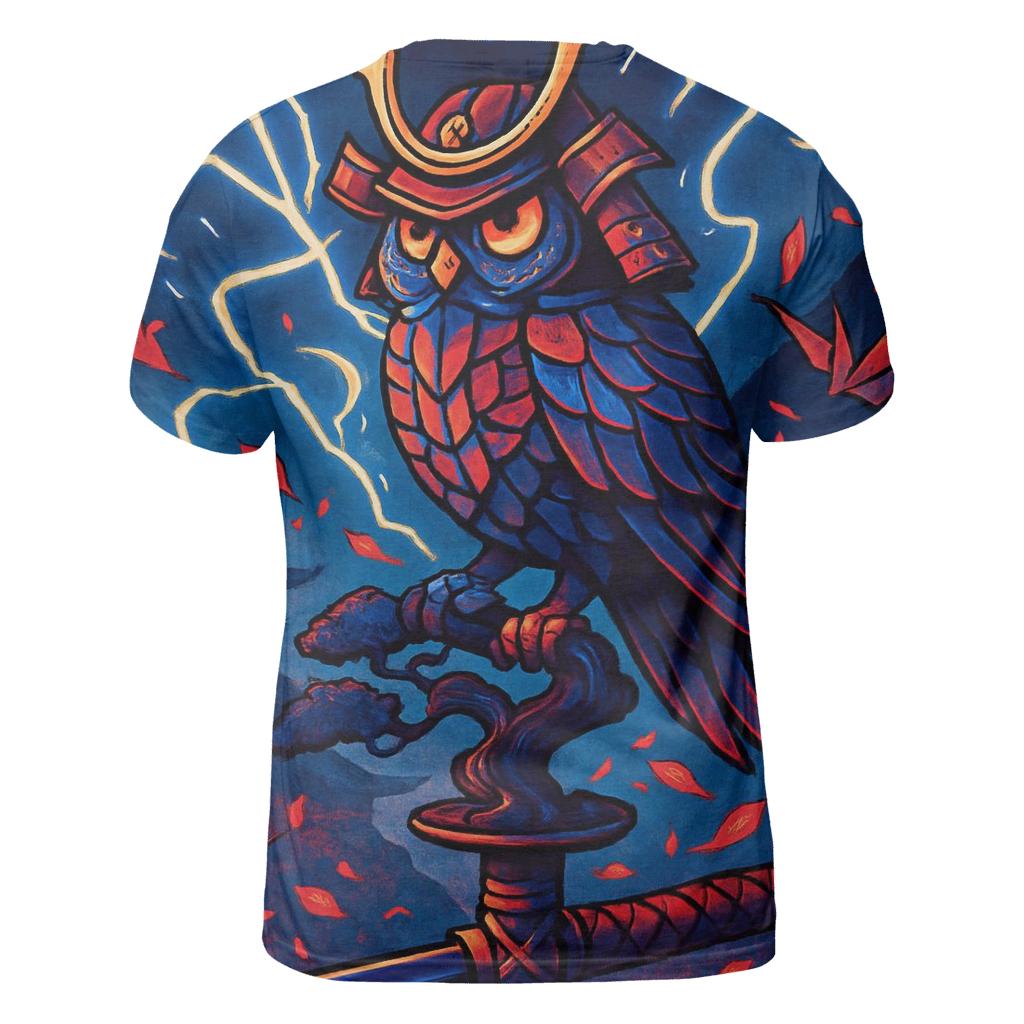 Chromatic Samurai Owl vibrant all-over design tees