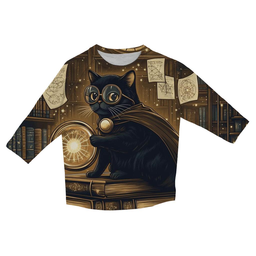 Haunted Library Cat Detective printed three quarter sleeve shirts