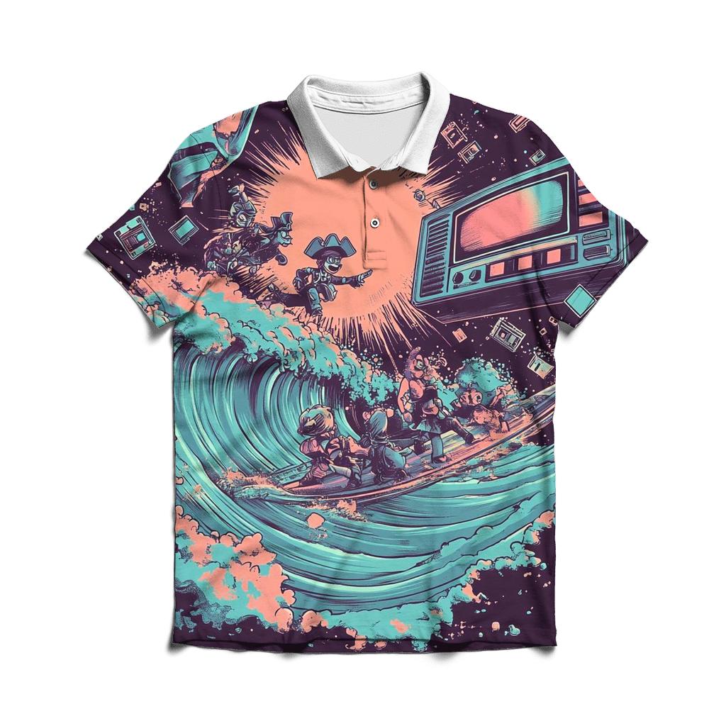 Pixel Pirate TV Surf branded logo polo shirts
