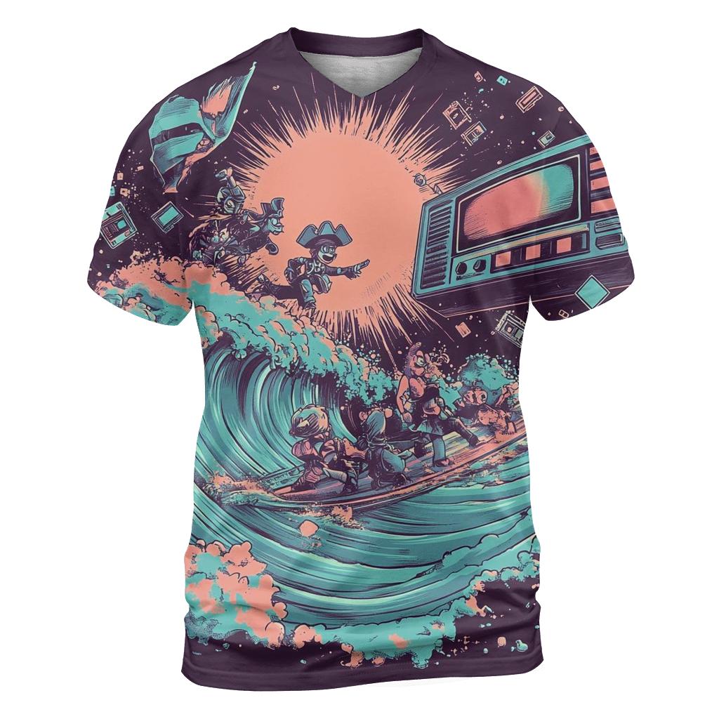 Pixel Pirate TV Surf statement graphic shirts
