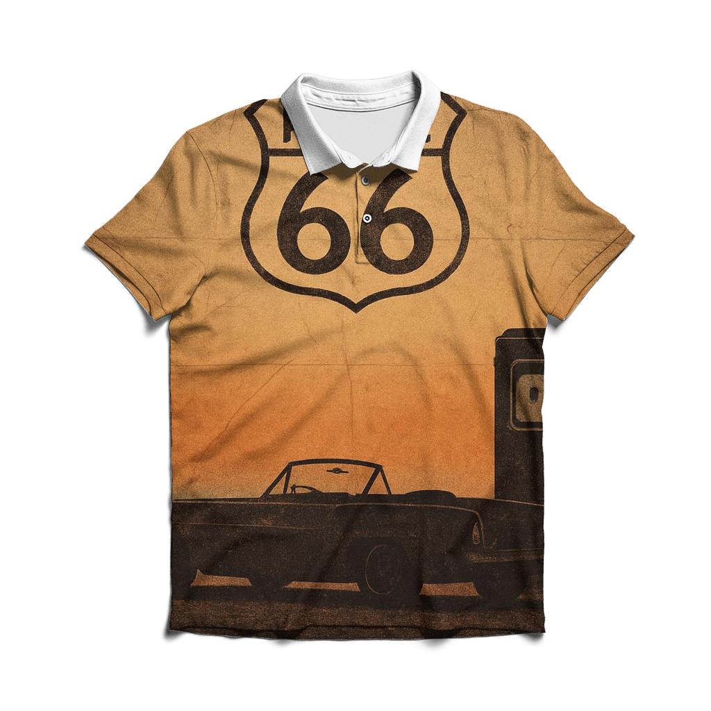Route 66 Sunset Travel Poster designer slim fit polos