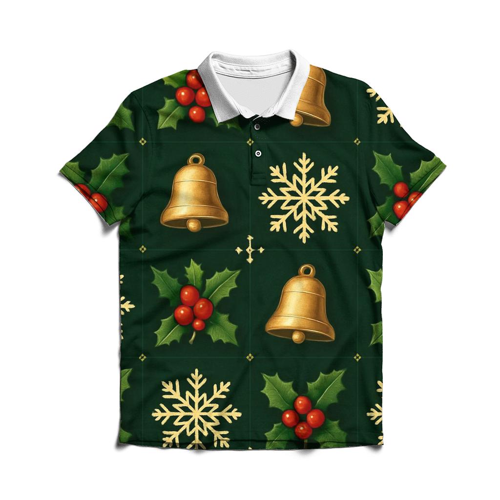 Crimson Holly Grid On Dark Evergreen Background premium cotton polo shirts