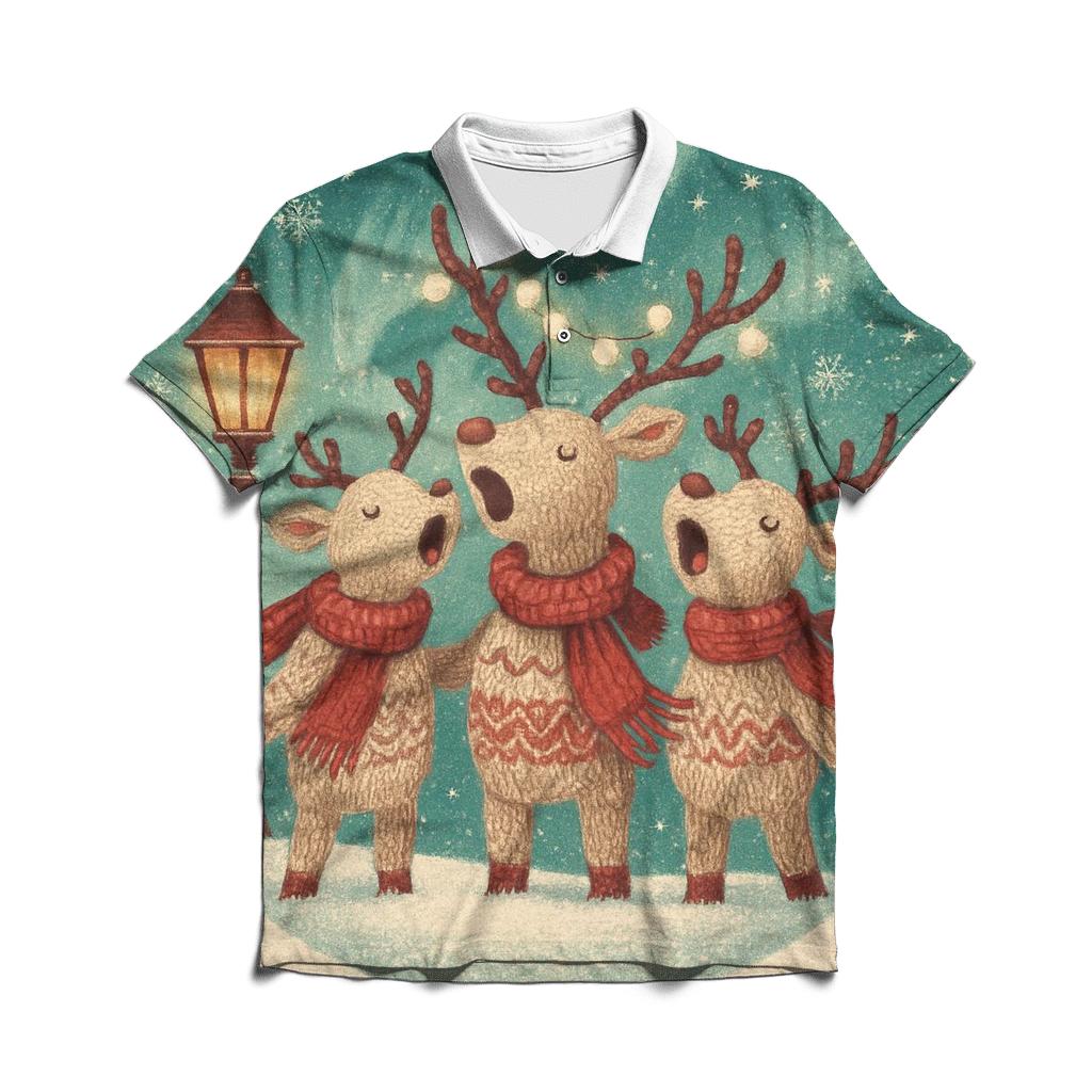 Reindeer Carolers Under Aurora designer slim fit polos