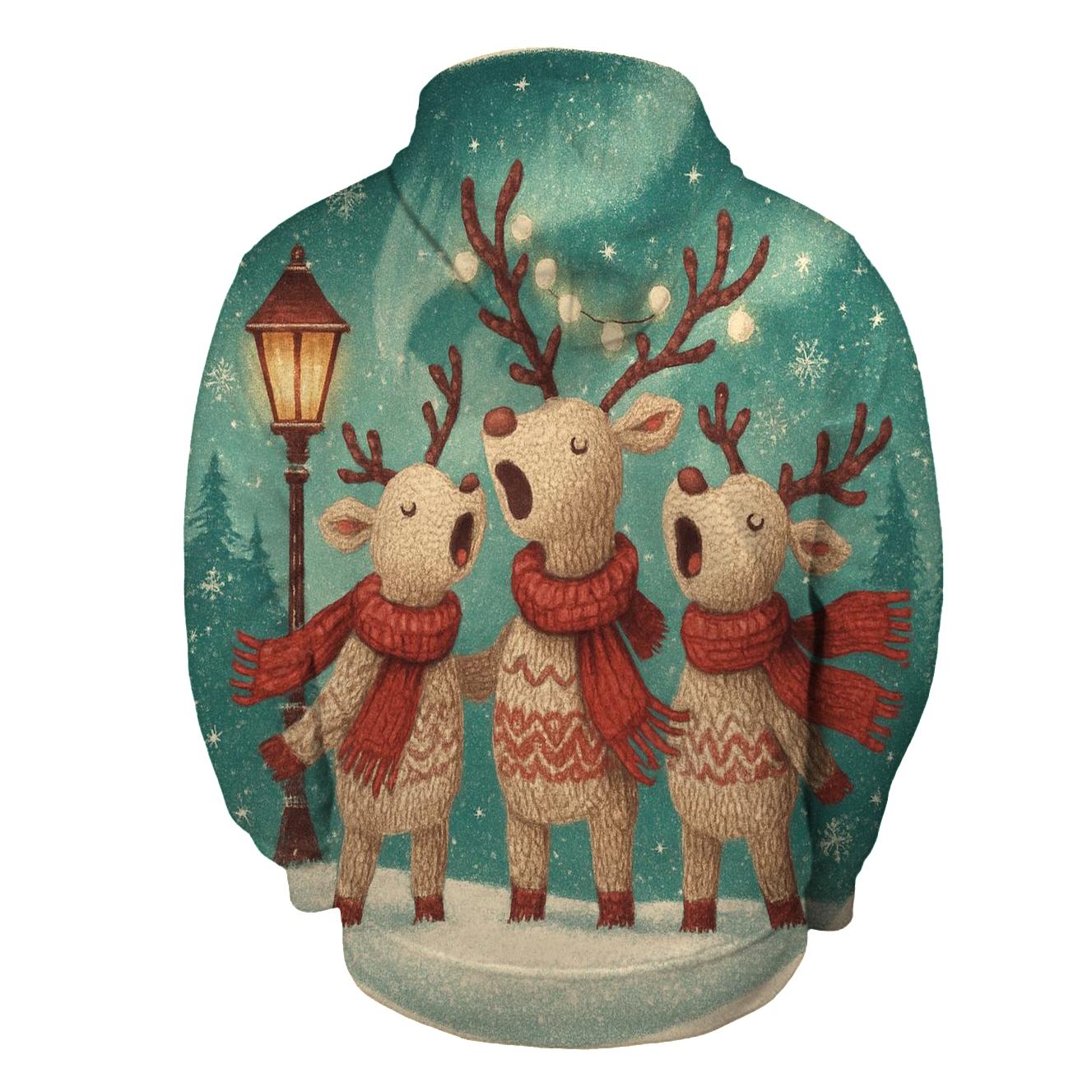Reindeer Carolers Under Aurora pullover hoodies