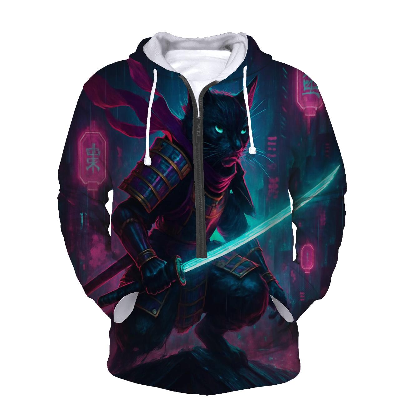 Neon Alley Samurai Cat premium hoodies