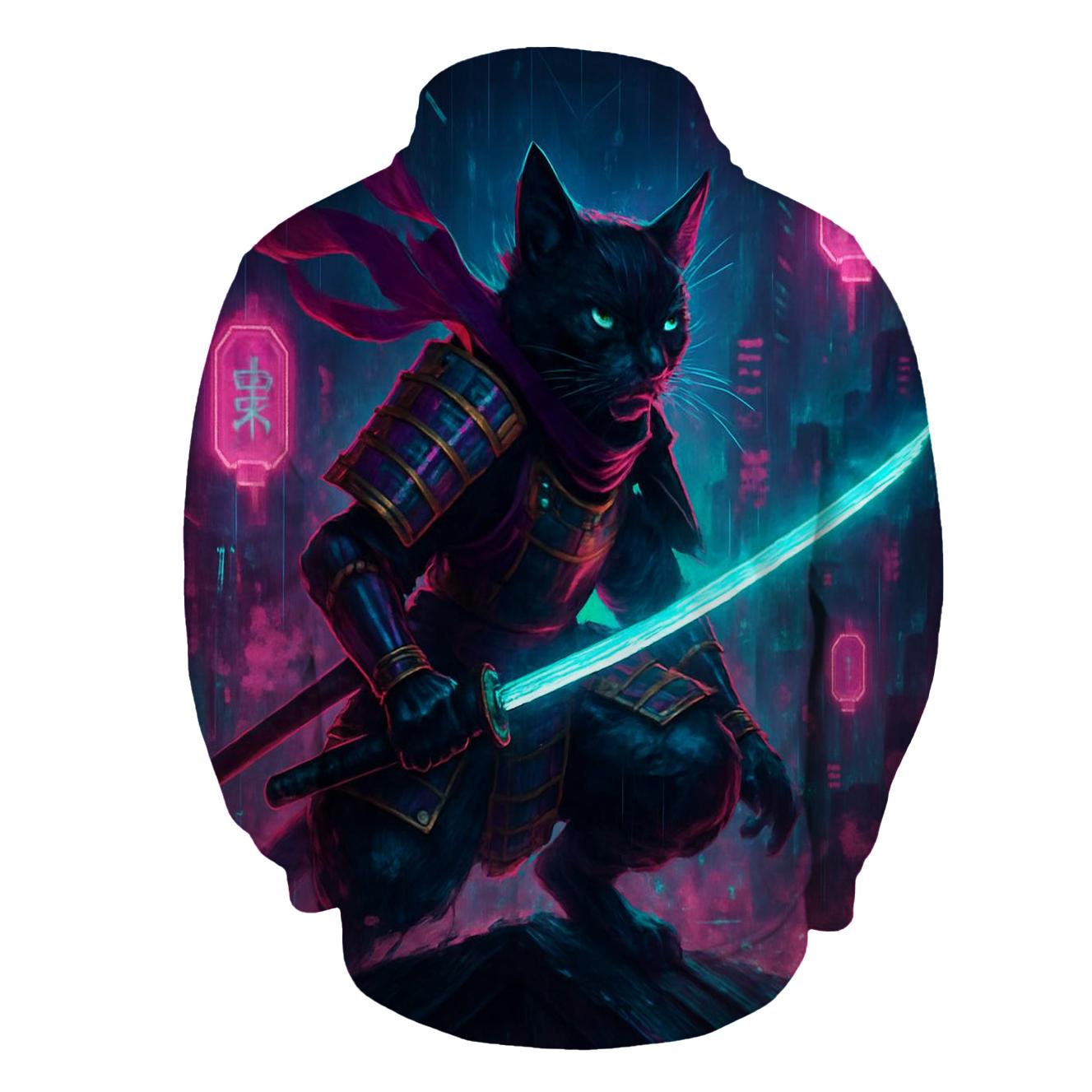 Neon Alley Samurai Cat premium hoodies