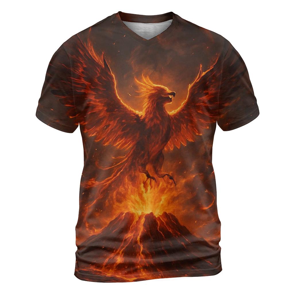 Volcanic Phoenix Flight vibrant all-over design tees