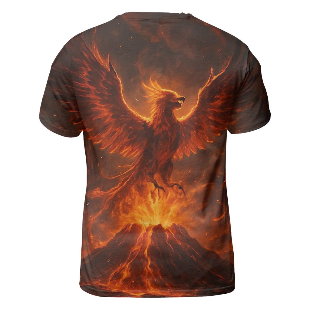 Volcanic Phoenix Flight vibrant all-over design tees