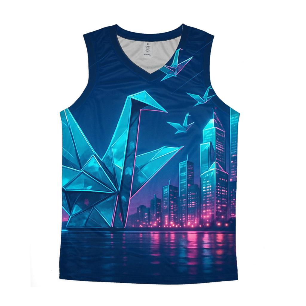Neon Origami Crane Skyline sports performance tank tops