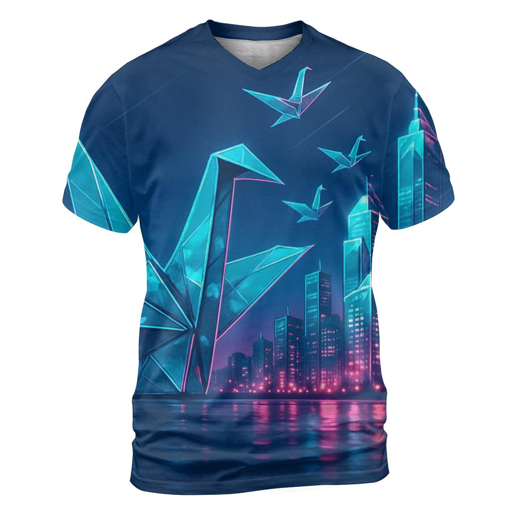 Neon Origami Crane Skyline unique graphic print tees