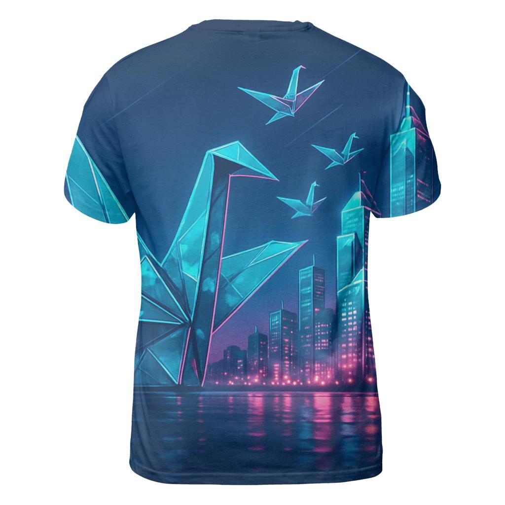 Neon Origami Crane Skyline unique graphic print tees