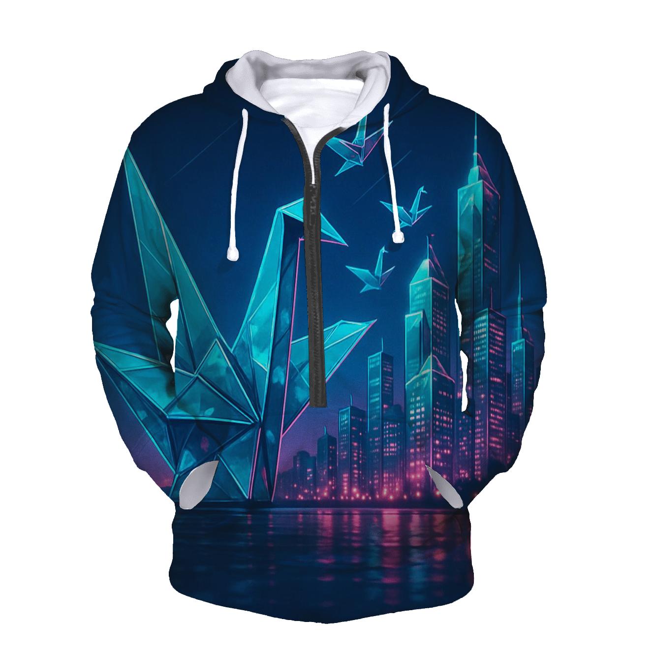 Neon Origami Crane Skyline graphic hoodies