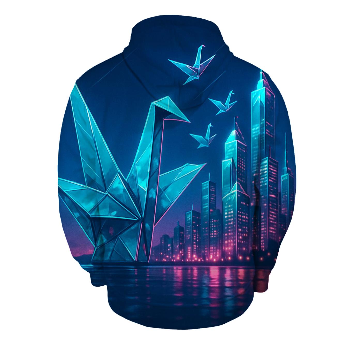 Neon Origami Crane Skyline graphic hoodies