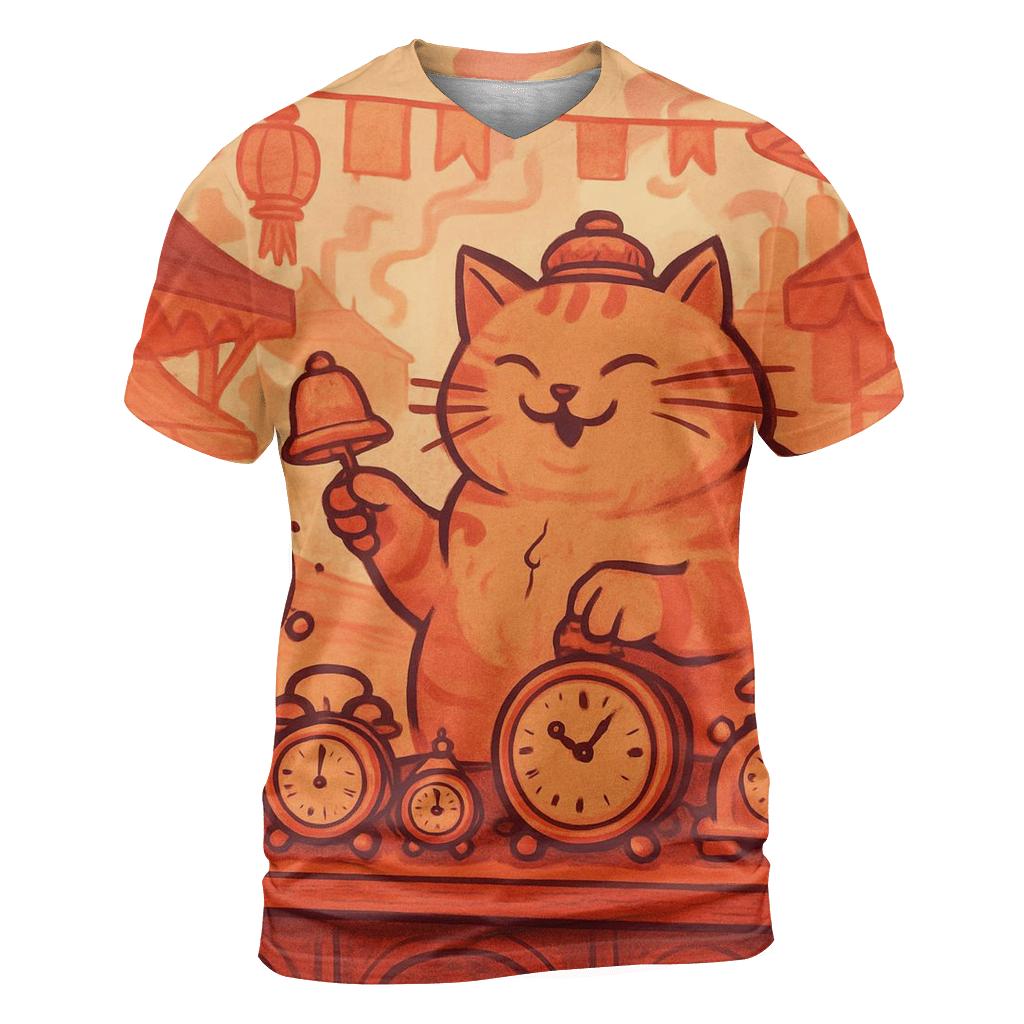 Vermillion Market Clock Cat artistic all-over print tops