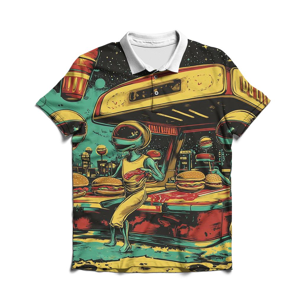 Moonburger Drive-Thru Brigade branded logo polo shirts