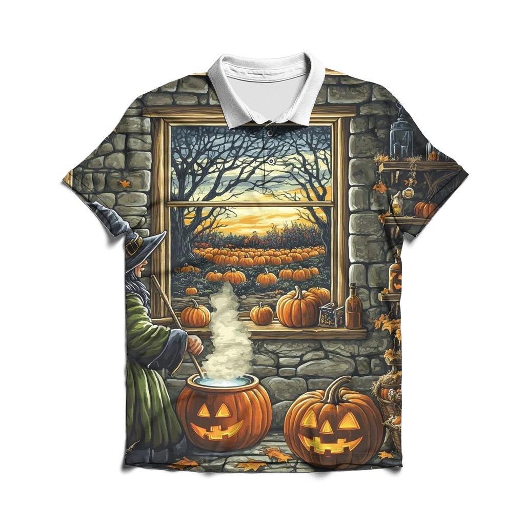 Witchs Cottage With Halloween Hearth premium cotton polo shirts
