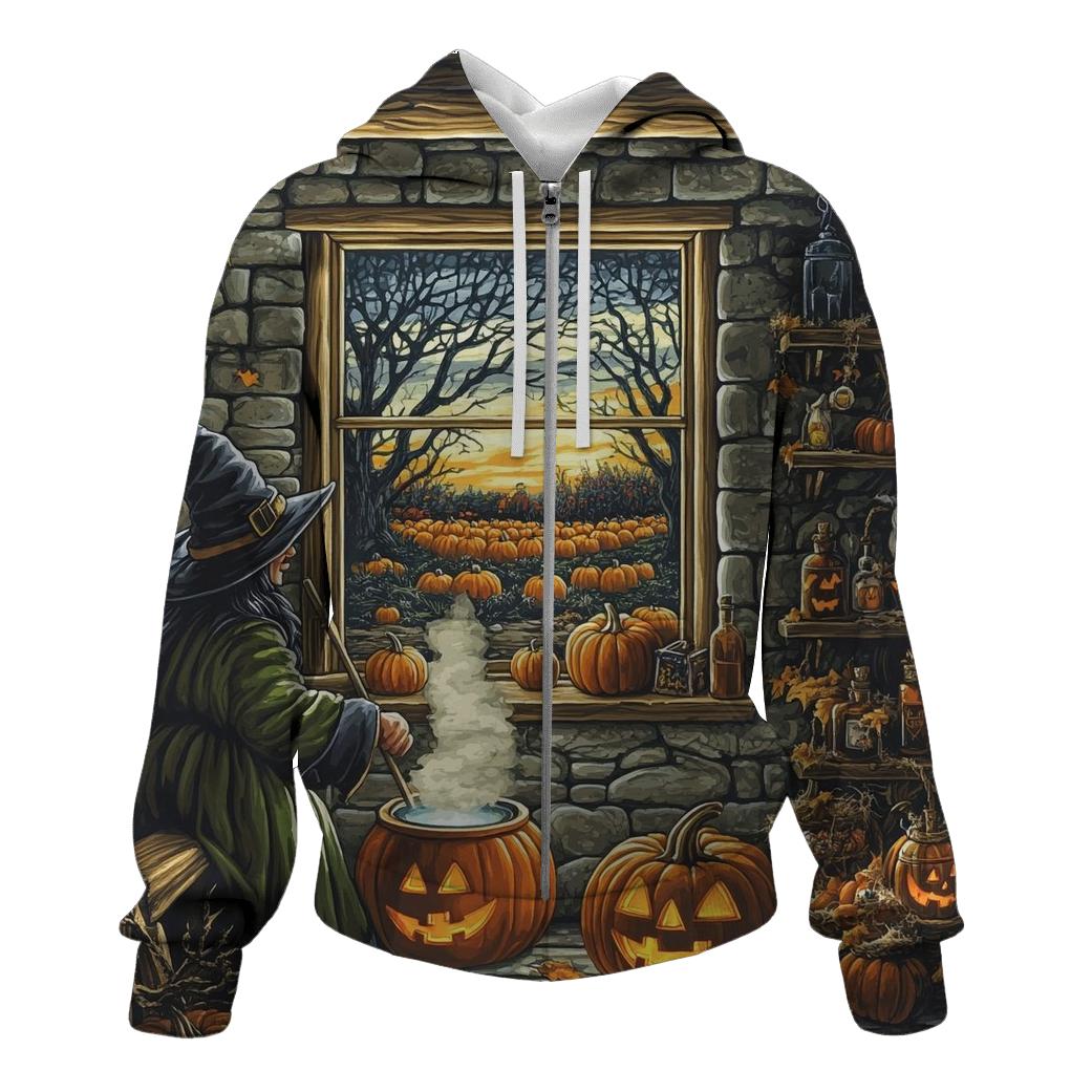 Witchs Cottage With Halloween Hearth zip-up hoodies