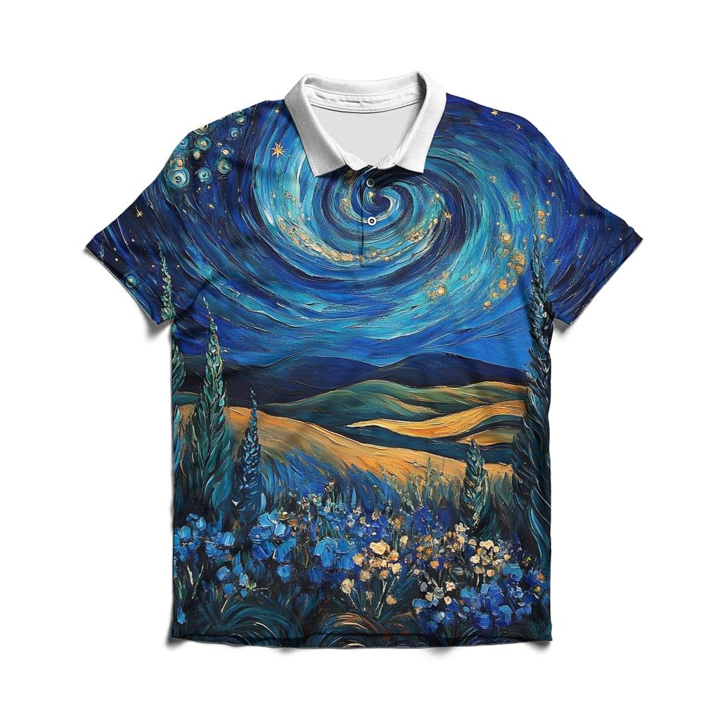 Van Gogh Inspired Nebula Garden branded logo polo shirts