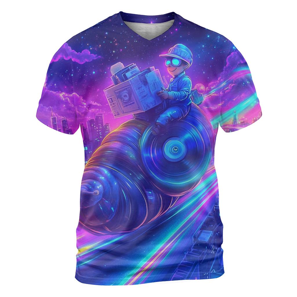 Psychedelic Paperboy Parade vibrant all-over design tees