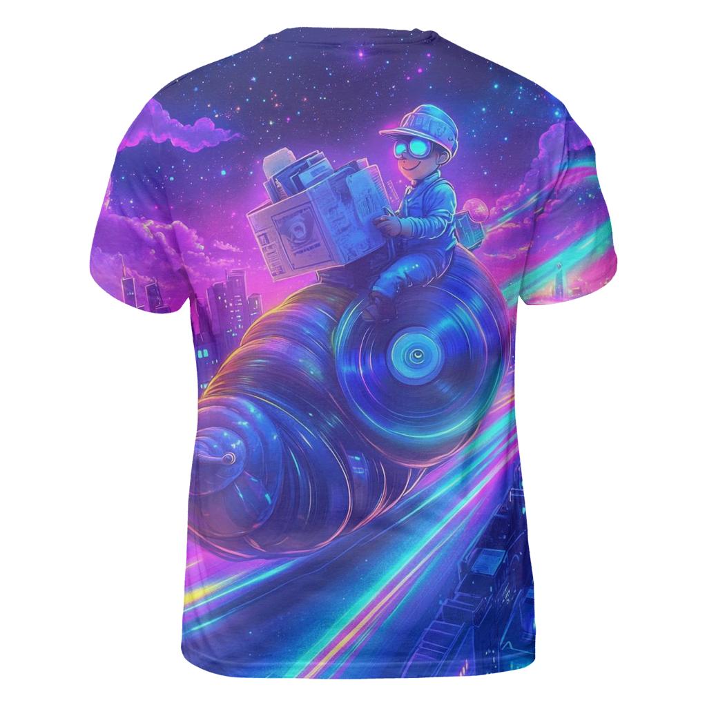 Psychedelic Paperboy Parade vibrant all-over design tees