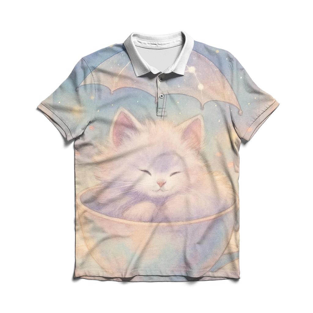 Starry Tea Time Kitten premium cotton polo shirts