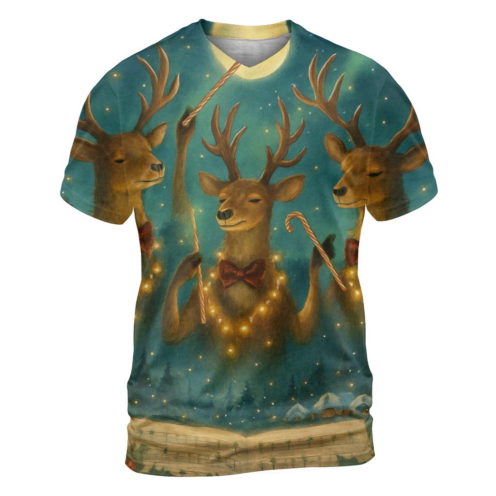 Reindeer Midnight Orchestra vibrant all-over design tees