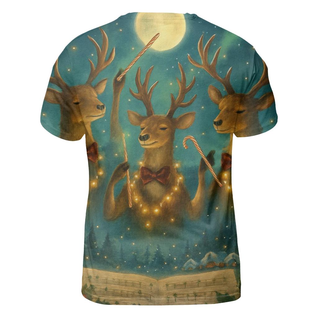 Reindeer Midnight Orchestra vibrant all-over design tees