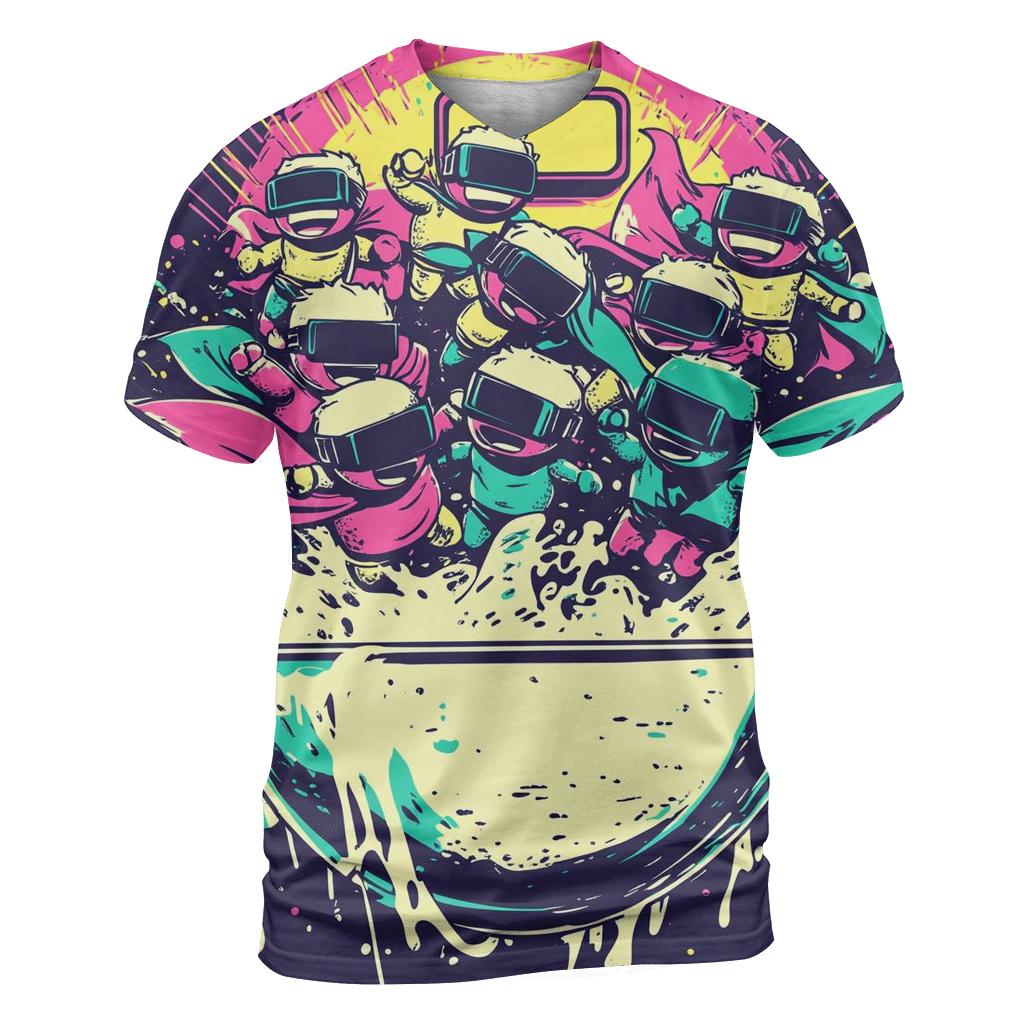 Cosmic Cereal Rumble vibrant all-over design tees