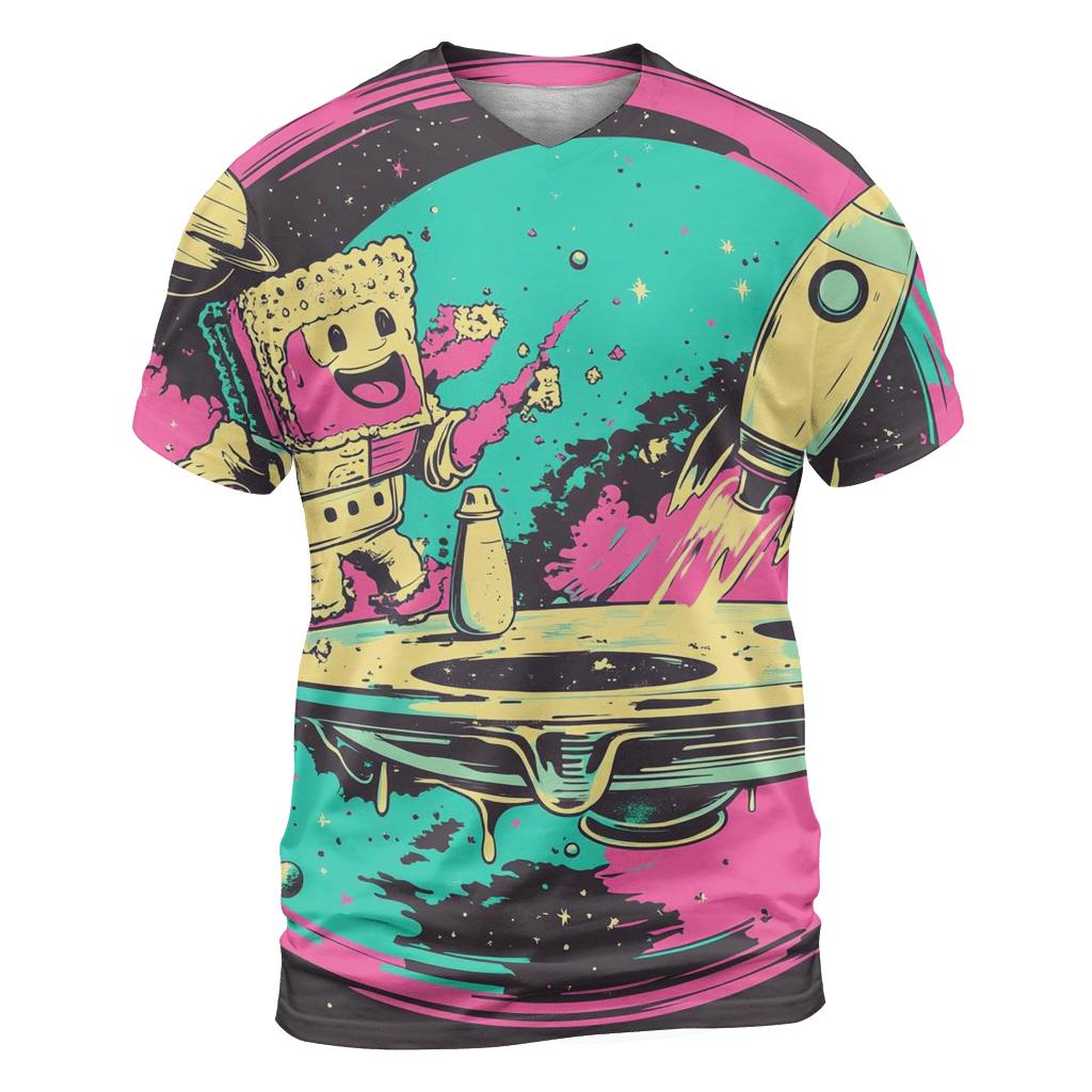 Cosmic Cereal Showdown vibrant all-over design tees