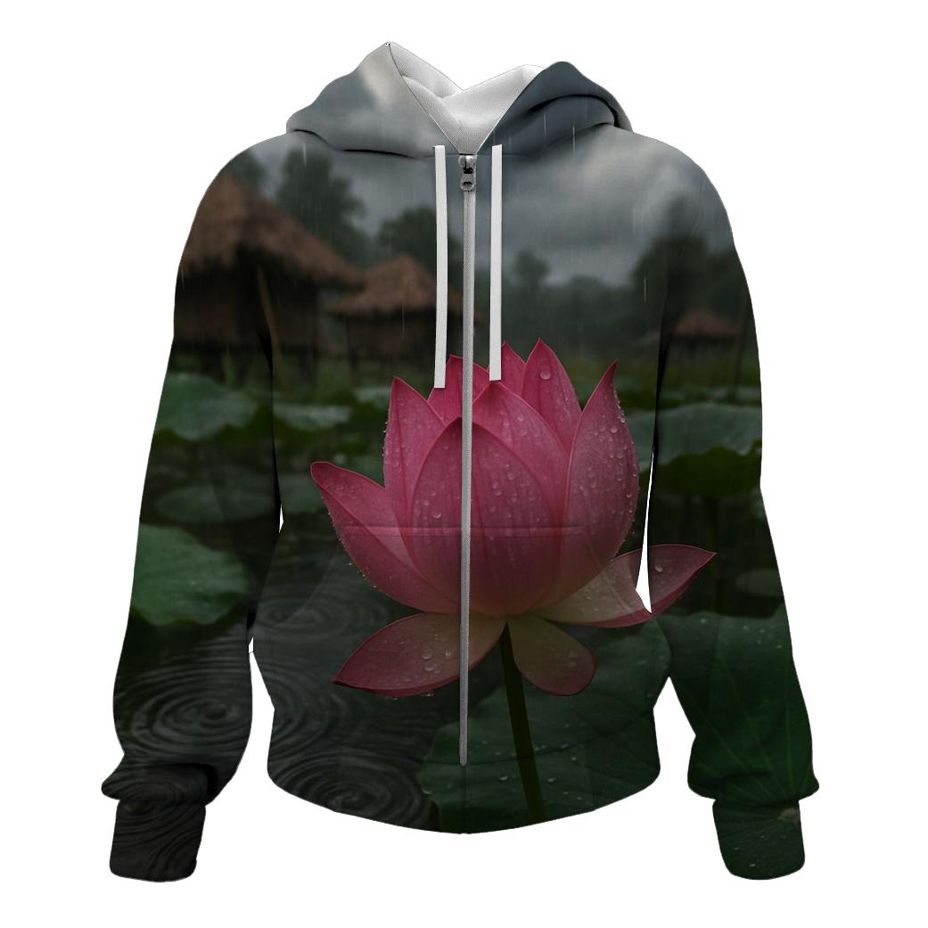 Monsoon Lotus In Village Pond zip-up hoodies