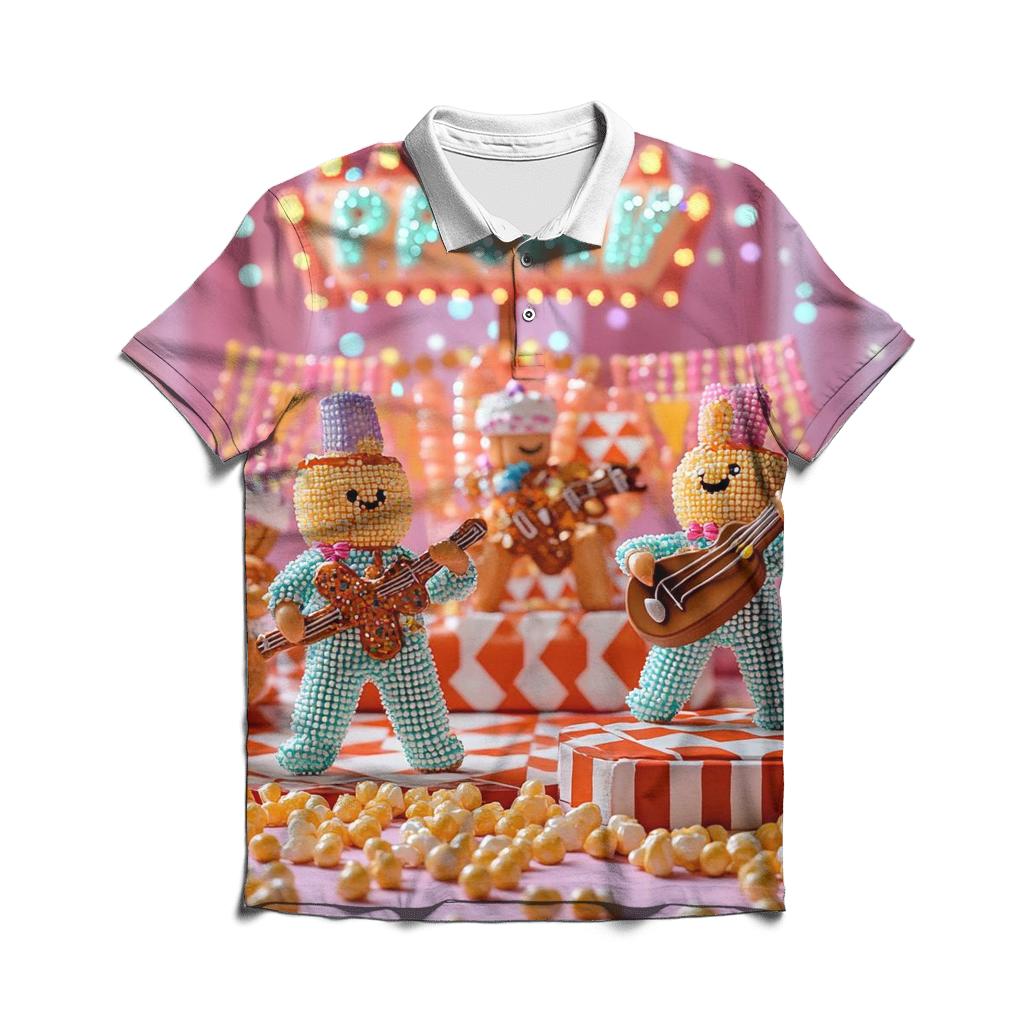 Pixelated Popcorn Parade premium cotton polo shirts