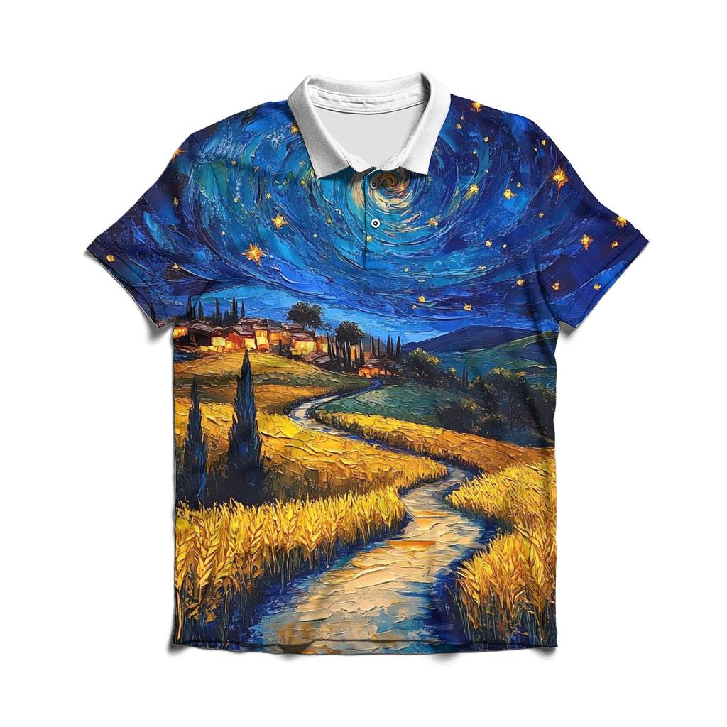 Van Gogh Inspired Starry Countryside classic pique polos