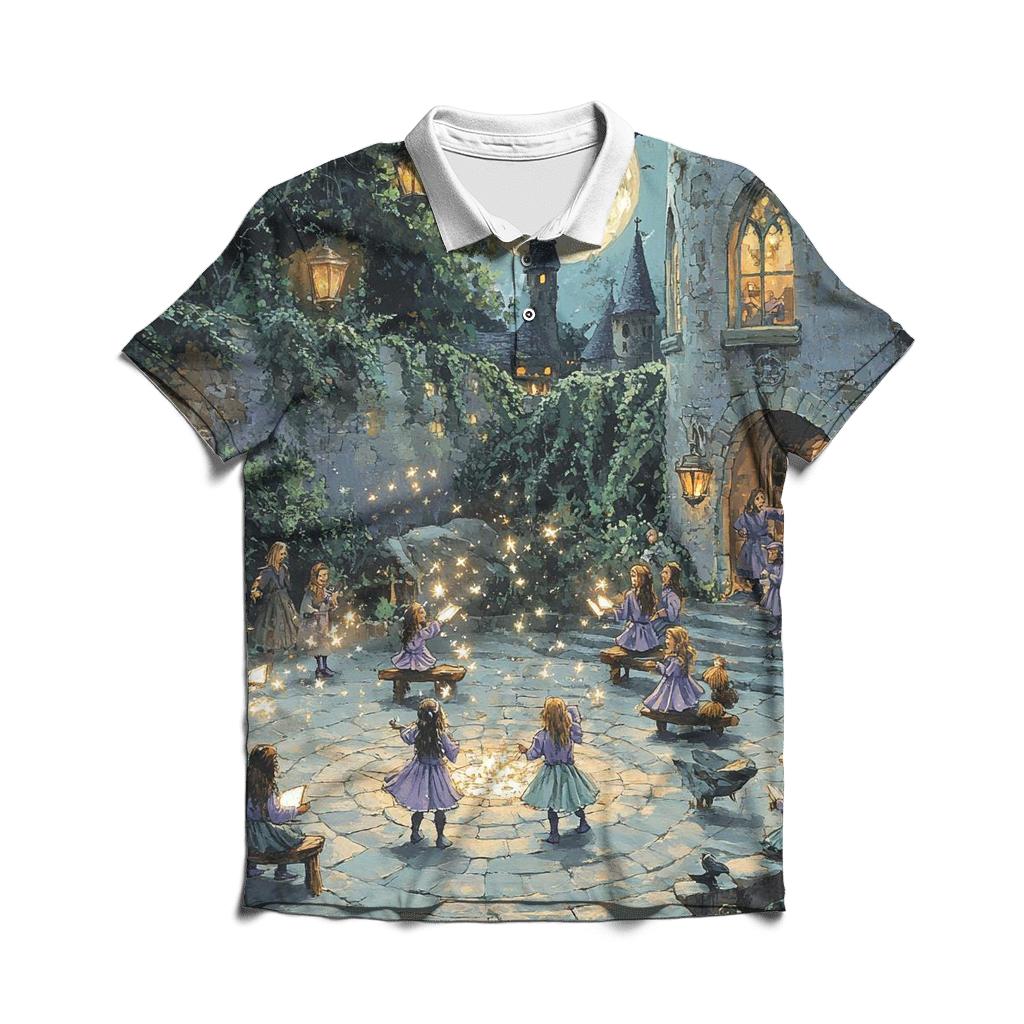 Witch School In The Moonlit Courtyard Halloween designer slim fit polos