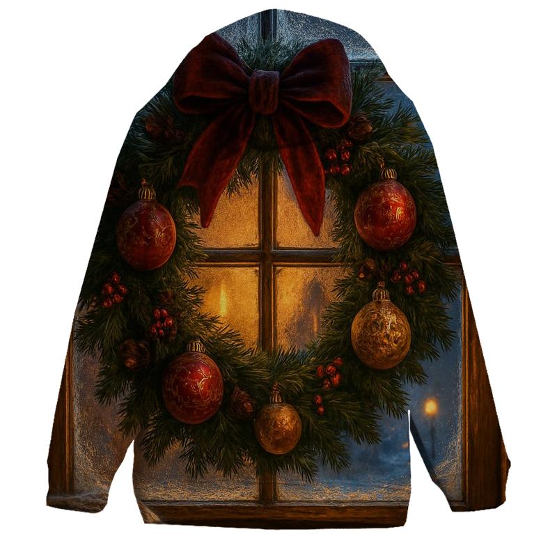 Wreath On Frosted Window printed hoodies
