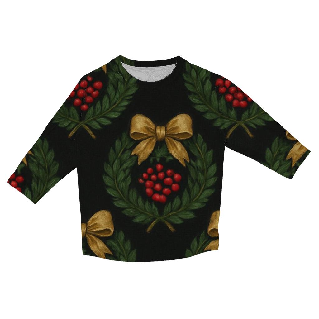 Wreath Medallion Repeat On Black Background printed three quarter sleeve shirts