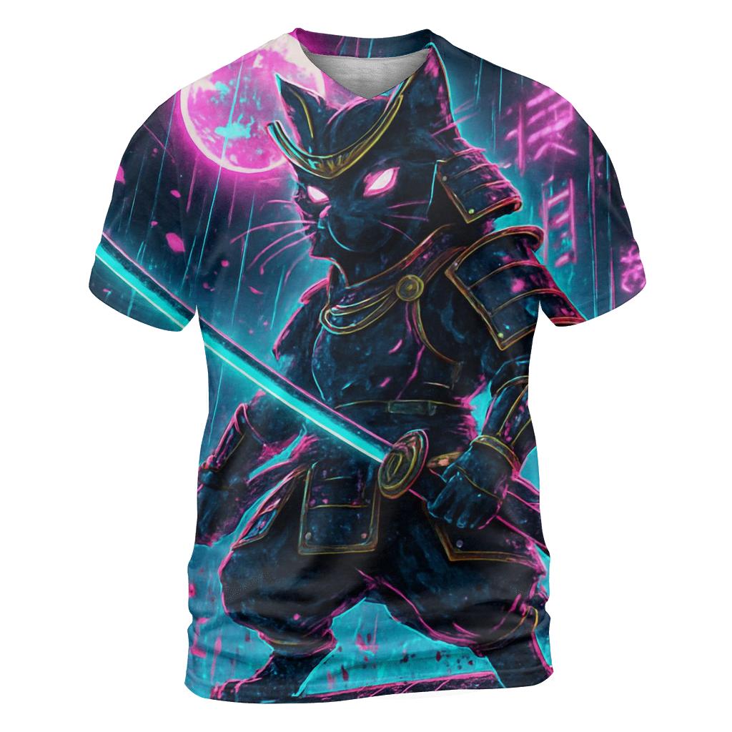 Neon Samurai Cat statement graphic shirts