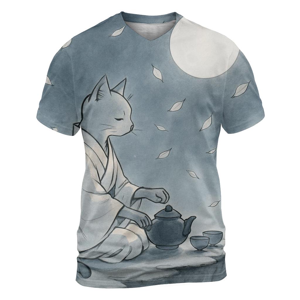 Moonlight Tea Ceremony Cat creative print fashion shirts