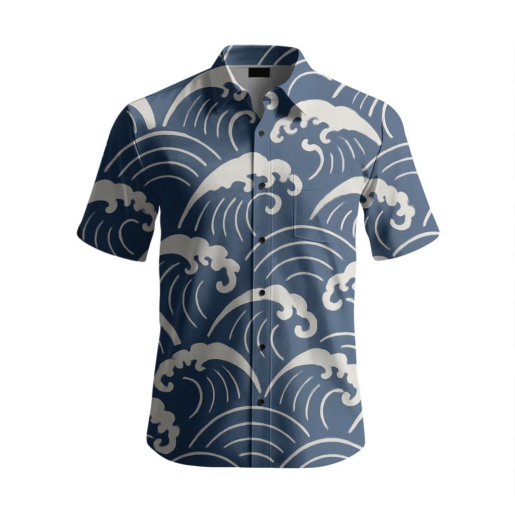 Indigo Japanese Ocean Wave Panel embroidered logo shirts