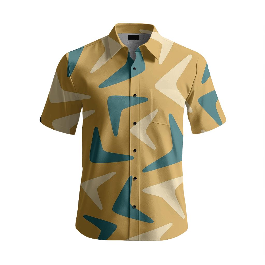 Atomic Boomerang Mustard Teal custom embroidered shirts