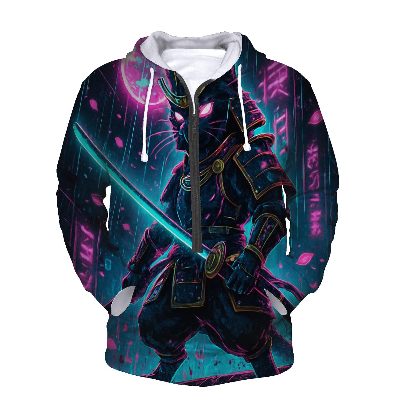 Neon Samurai Cat embroidered hoodies