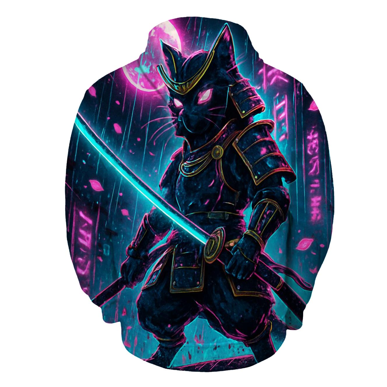 Neon Samurai Cat embroidered hoodies