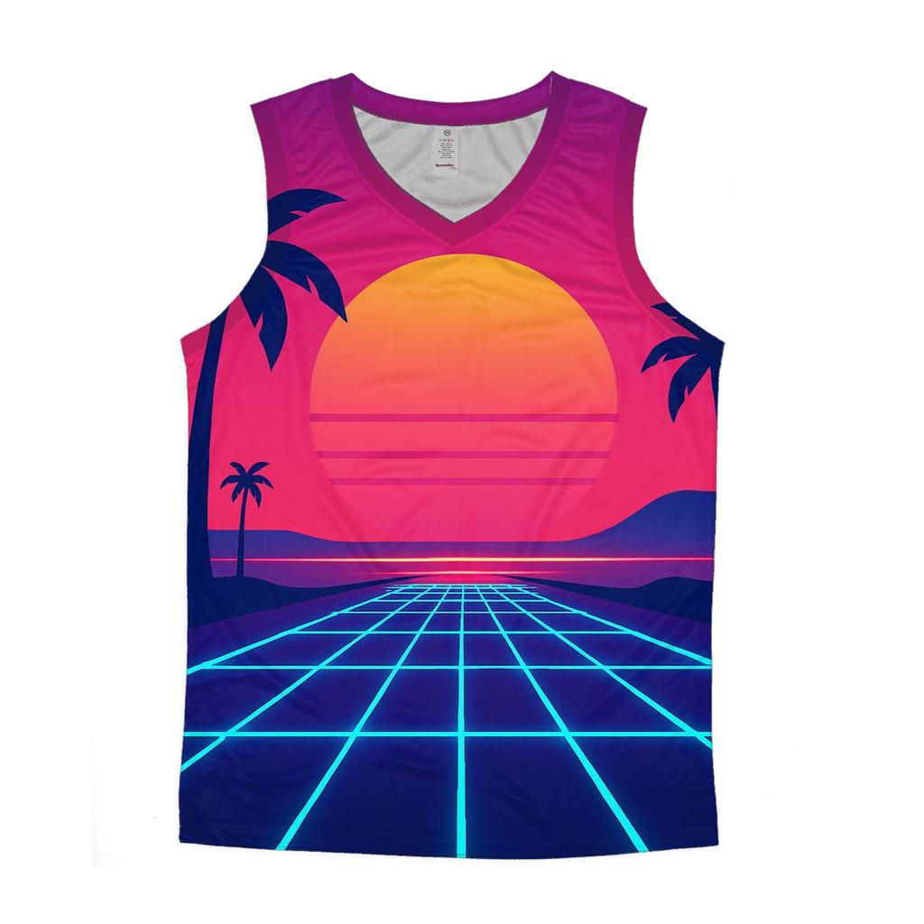 Neon Grid Sunset graphic print tank tops