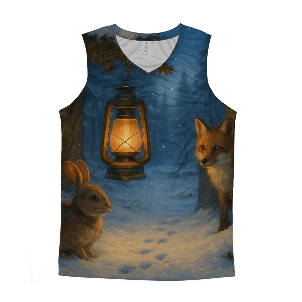 Lantern In Snowy Forest Clearing graphic print tank tops