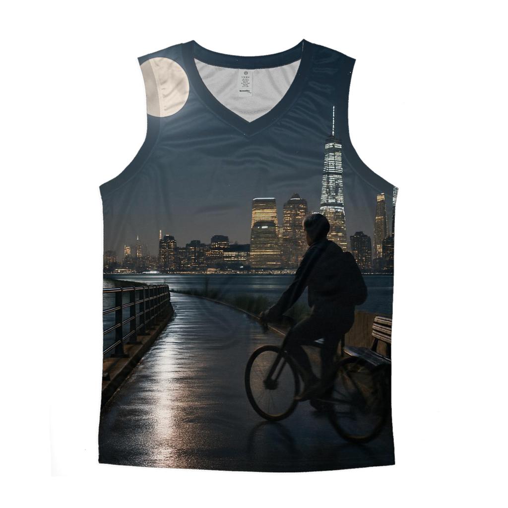 Moonlit Skyline From Riverside Bike Path graphic print tank tops