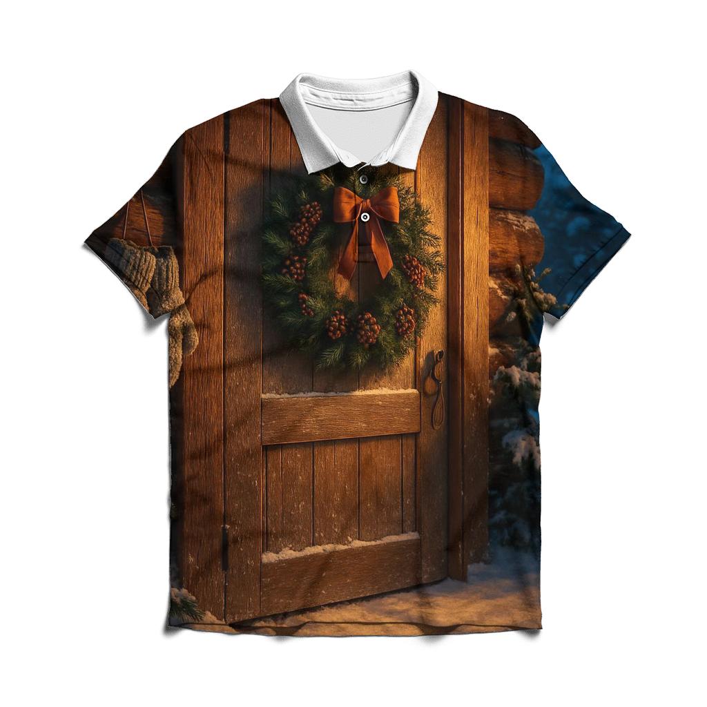 Wreath On Frosted Cabin Door branded logo polo shirts