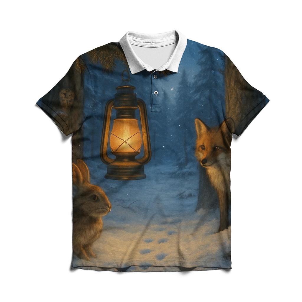 Lantern In Snowy Forest Clearing custom polo shirts