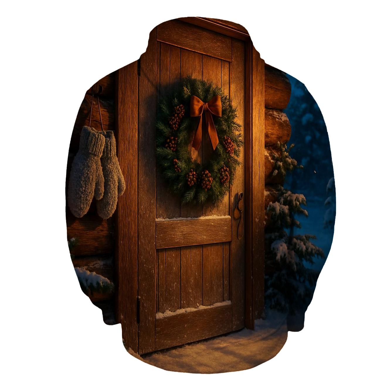 Wreath On Frosted Cabin Door custom hoodies